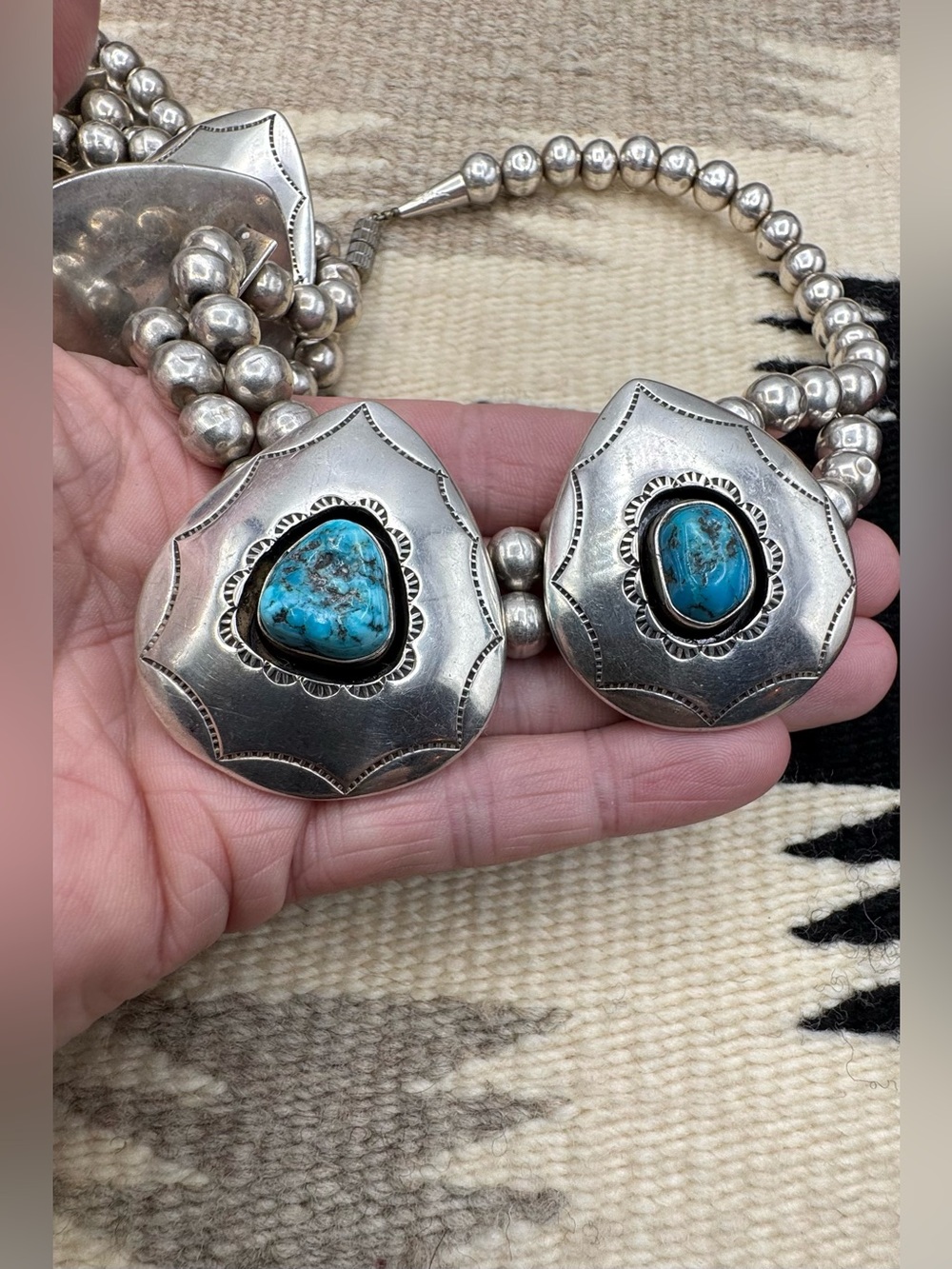 Navajo Native American Sterling Silver Natural Turquoise Beaded Bib Necklace - Picture 7 of 10